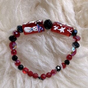 🎄 Handmade Beaded Christmas Snowman Red/ Black Stretch Bracelet